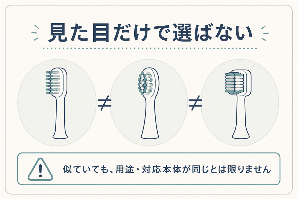 見た目が似た替えブラシでも対応本体や用途を確認する必要があることを示す図