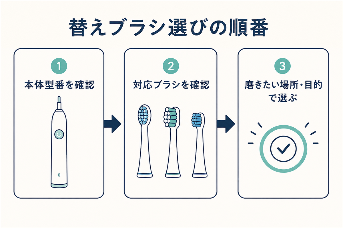ドルツ替えブラシを本体型番・対応ブラシ・目的の順に確認する図